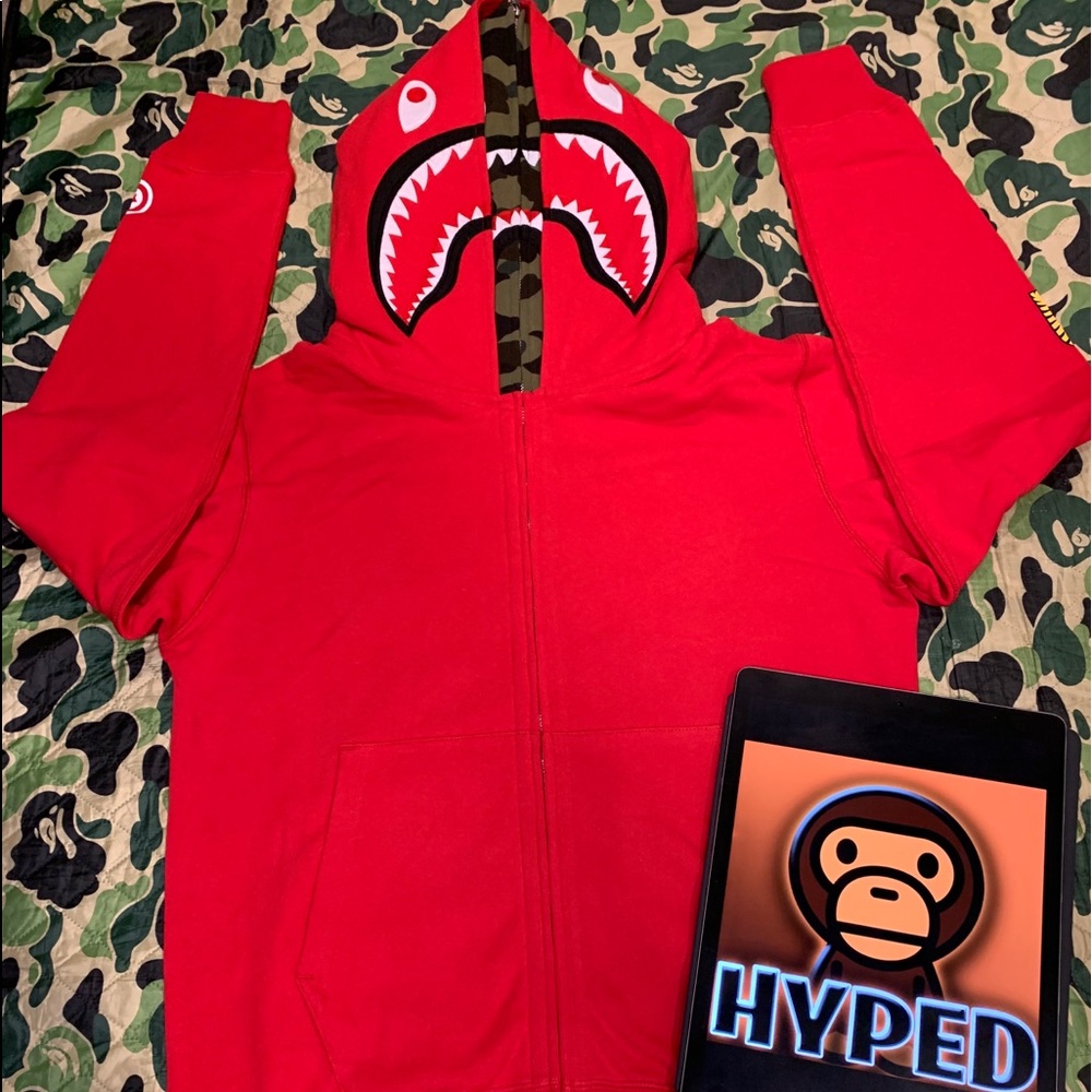 Bape A Bathing Ape Red Double Hooded Shark Hoodie